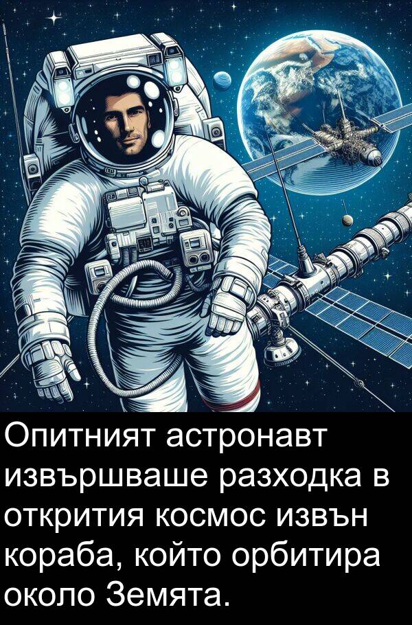 разходка: Опитният астронавт извършваше разходка в открития космос извън кораба, който орбитира около Земята.