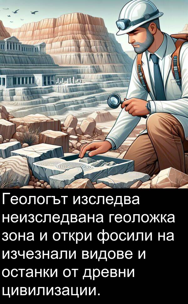 откри: Геологът изследва неизследвана геоложка зона и откри фосили на изчезнали видове и останки от древни цивилизации.