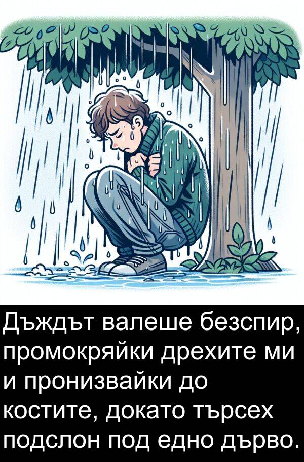 едно: Дъждът валеше безспир, промокряйки дрехите ми и пронизвайки до костите, докато търсех подслон под едно дърво.