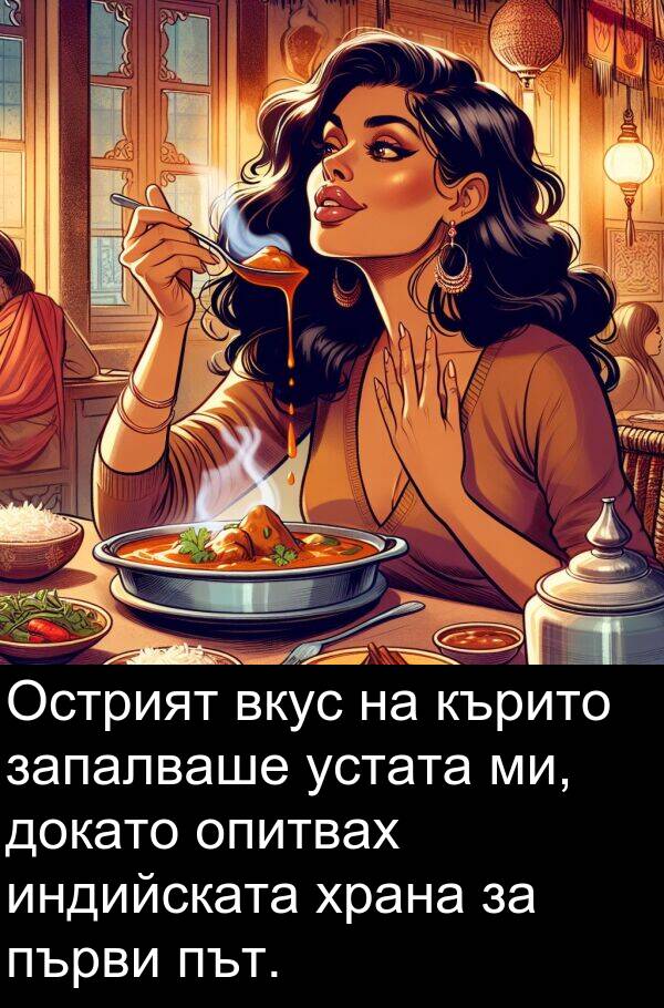 индийската: Острият вкус на кърито запалваше устата ми, докато опитвах индийската храна за първи път.