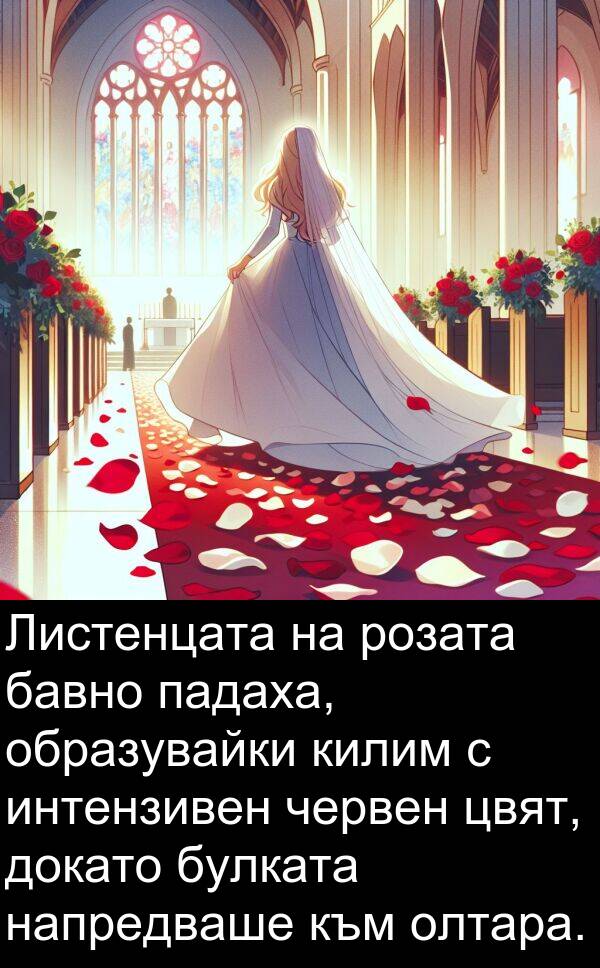 бавно: Листенцата на розата бавно падаха, образувайки килим с интензивен червен цвят, докато булката напредваше към олтара.
