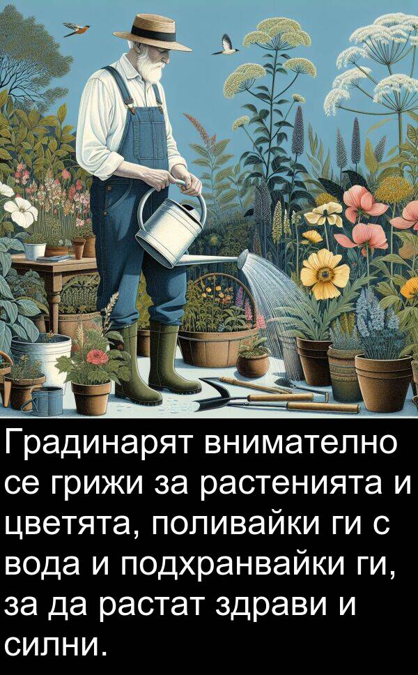 ги: Градинарят внимателно се грижи за растенията и цветята, поливайки ги с вода и подхранвайки ги, за да растат здрави и силни.