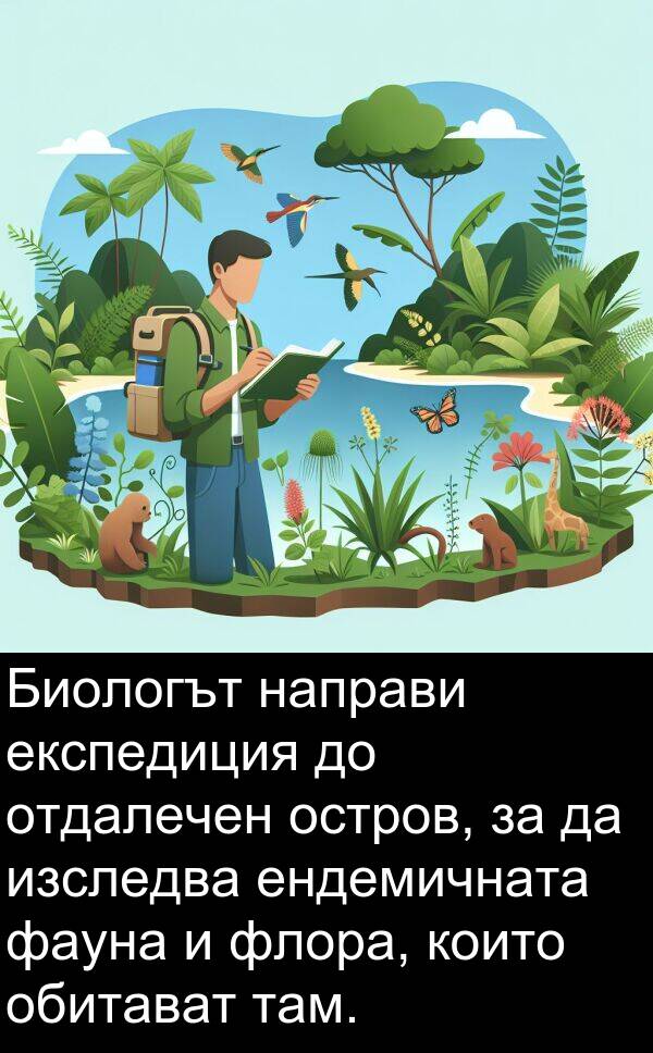обитават: Биологът направи експедиция до отдалечен остров, за да изследва ендемичната фауна и флора, които обитават там.