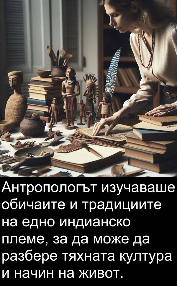 традициите: Антропологът изучаваше обичаите и традициите на едно индианско племе, за да може да разбере тяхната култура и начин на живот.