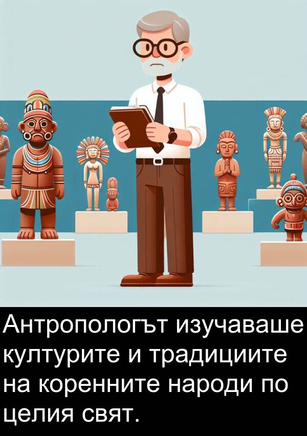 традициите: Антропологът изучаваше културите и традициите на коренните народи по целия свят.