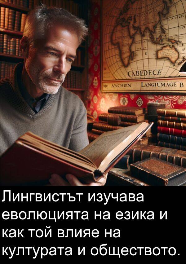 езика: Лингвистът изучава еволюцията на езика и как той влияе на културата и обществото.