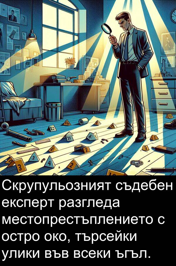 търсейки: Скрупульозният съдебен експерт разгледа местопрестъплението с остро око, търсейки улики във всеки ъгъл.