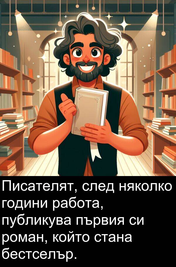 работа: Писателят, след няколко години работа, публикува първия си роман, който стана бестселър.