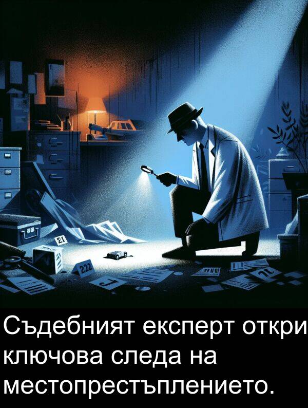 откри: Съдебният експерт откри ключова следа на местопрестъплението.