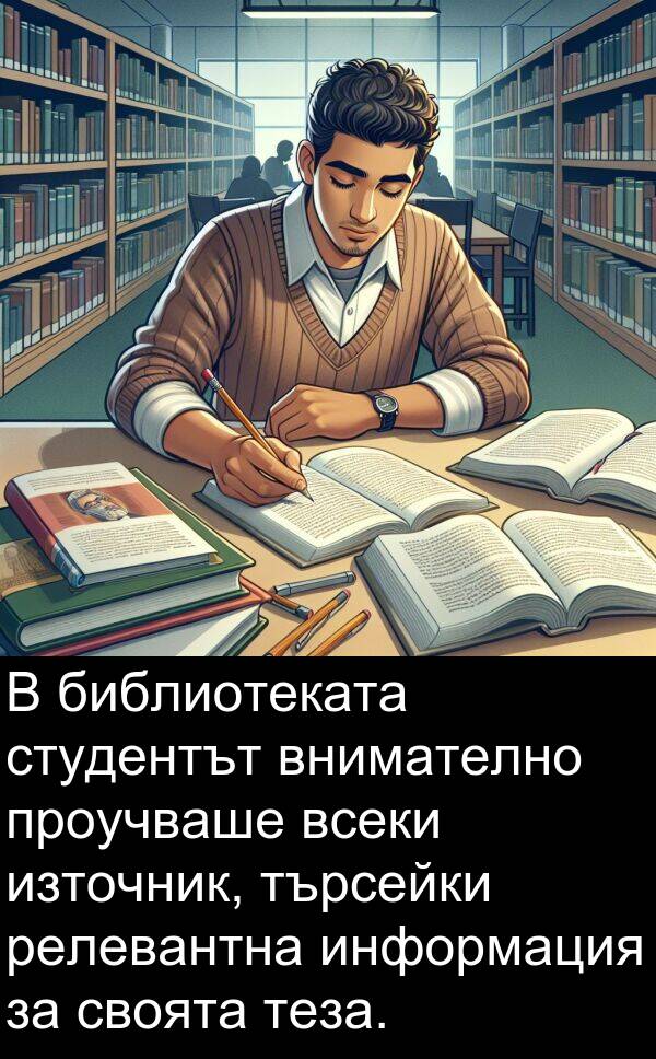 търсейки: В библиотеката студентът внимателно проучваше всеки източник, търсейки релевантна информация за своята теза.