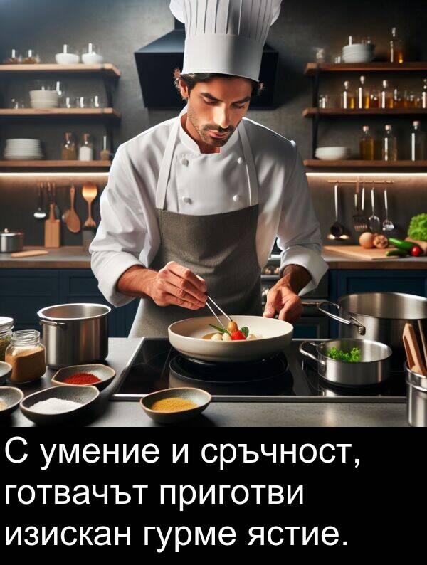 ястие: С умение и сръчност, готвачът приготви изискан гурме ястие.