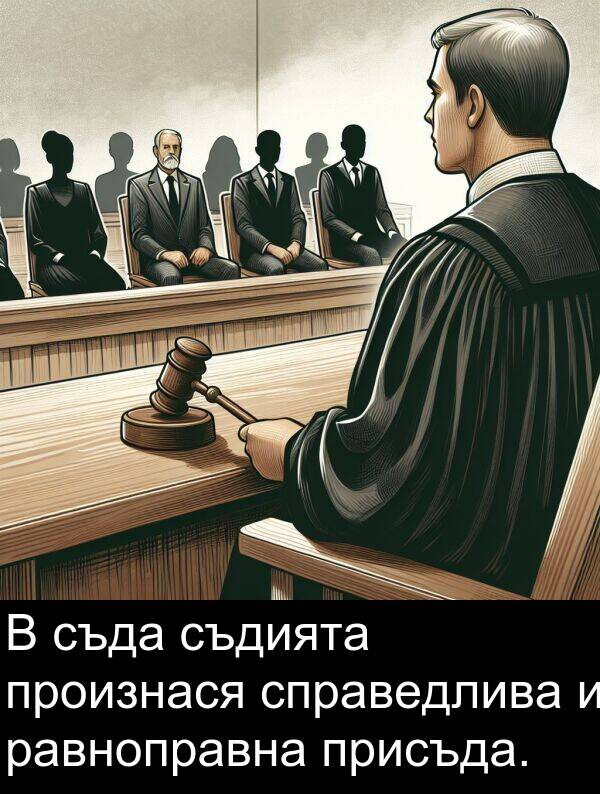 равноправна: В съда съдията произнася справедлива и равноправна присъда.