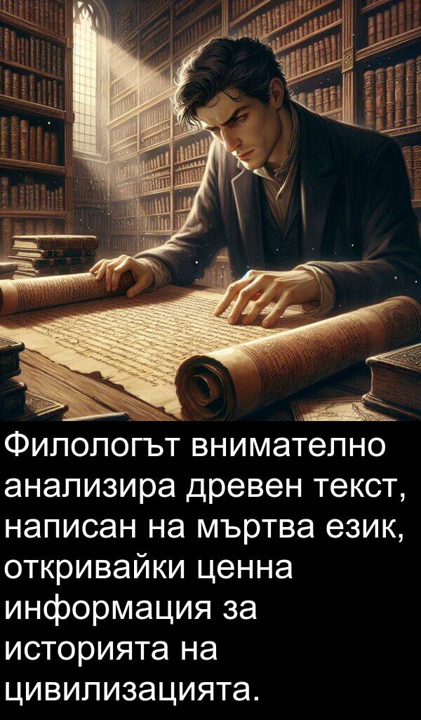 език: Филологът внимателно анализира древен текст, написан на мъртва език, откривайки ценна информация за историята на цивилизацията.