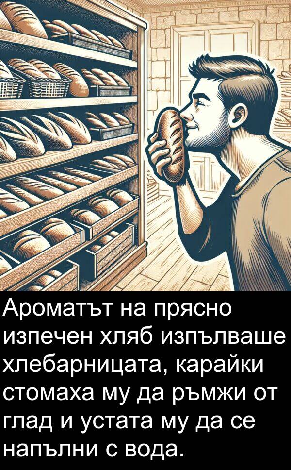 стомаха: Ароматът на прясно изпечен хляб изпълваше хлебарницата, карайки стомаха му да ръмжи от глад и устата му да се напълни с вода.