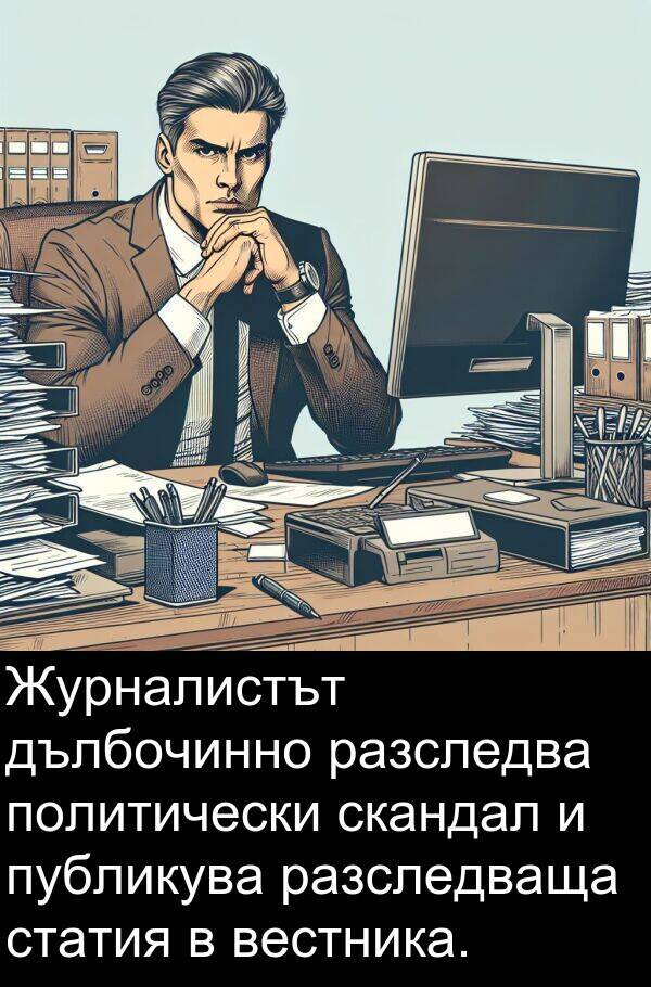 разследваща: Журналистът дълбочинно разследва политически скандал и публикува разследваща статия в вестника.
