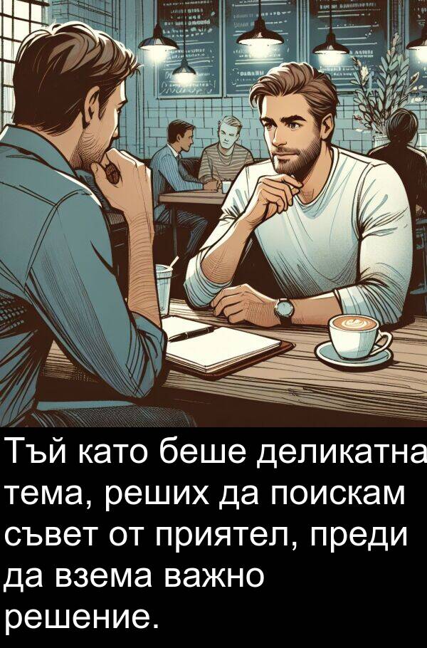 поискам: Тъй като беше деликатна тема, реших да поискам съвет от приятел, преди да взема важно решение.