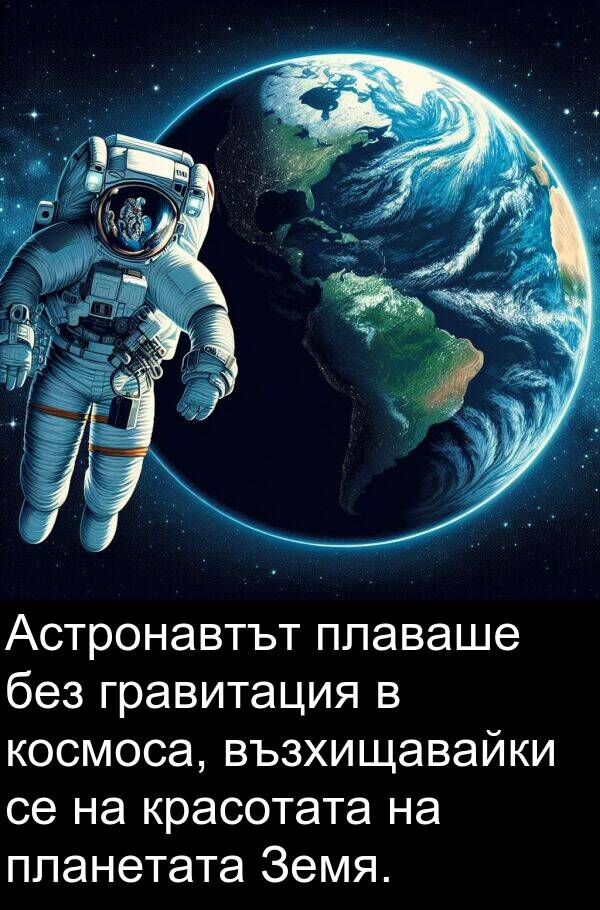 планетата: Астронавтът плаваше без гравитация в космоса, възхищавайки се на красотата на планетата Земя.
