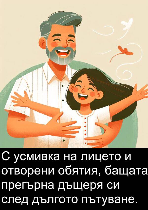 бащата: С усмивка на лицето и отворени обятия, бащата прегърна дъщеря си след дългото пътуване.