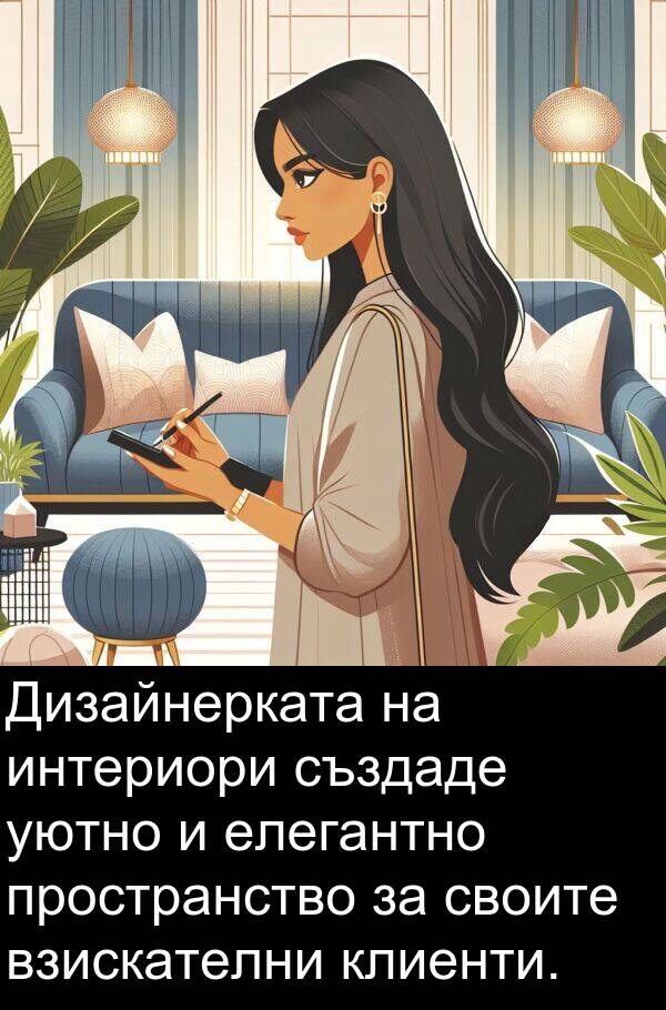 създаде: Дизайнерката на интериори създаде уютно и елегантно пространство за своите взискателни клиенти.