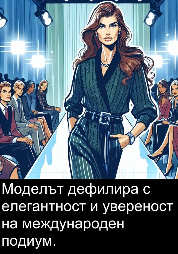 увереност: Моделът дефилира с елегантност и увереност на международен подиум.