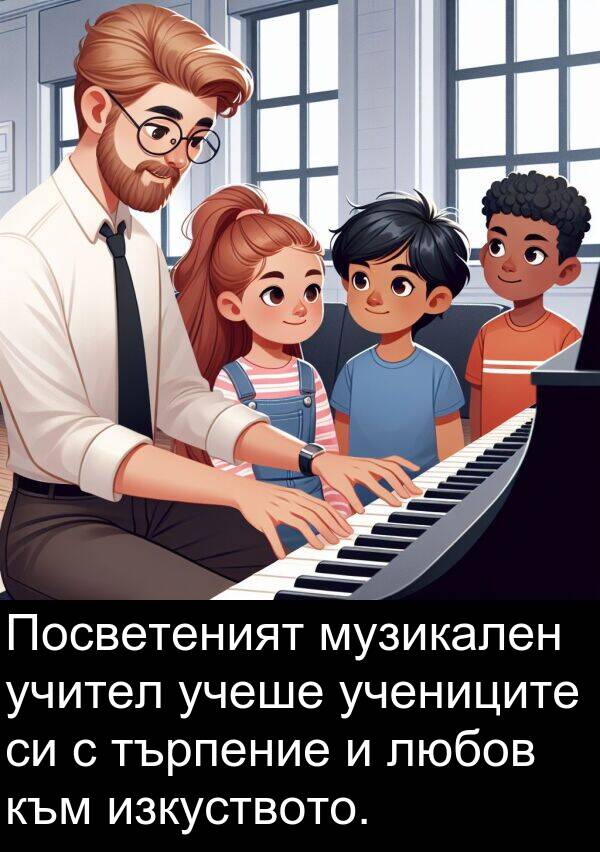 учениците: Посветеният музикален учител учеше учениците си с търпение и любов към изкуството.