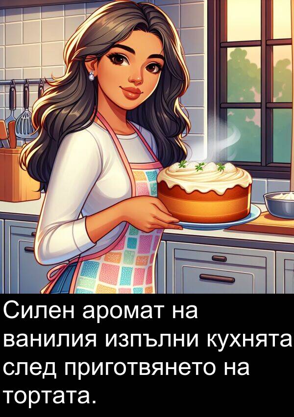 аромат: Силен аромат на ванилия изпълни кухнята след приготвянето на тортата.