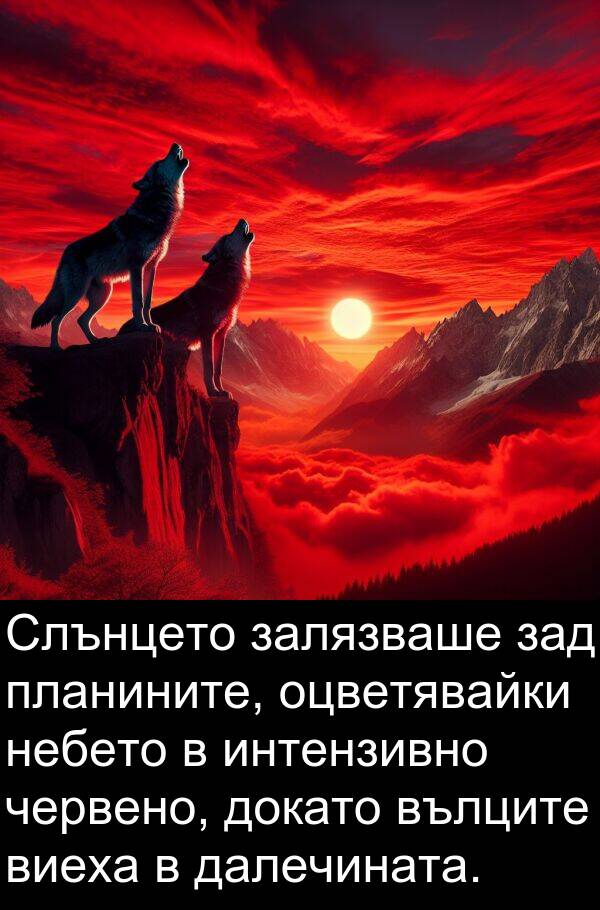 червено: Слънцето залязваше зад планините, оцветявайки небето в интензивно червено, докато вълците виеха в далечината.
