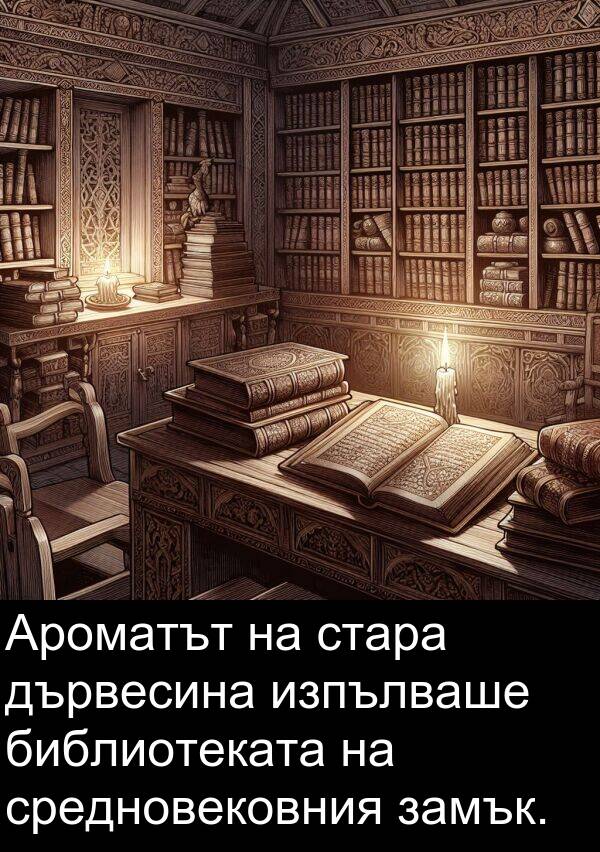 средновековния: Ароматът на стара дървесина изпълваше библиотеката на средновековния замък.