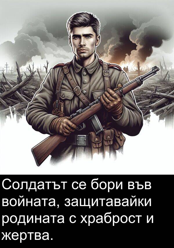 бори: Солдатът се бори във войната, защитавайки родината с храброст и жертва.