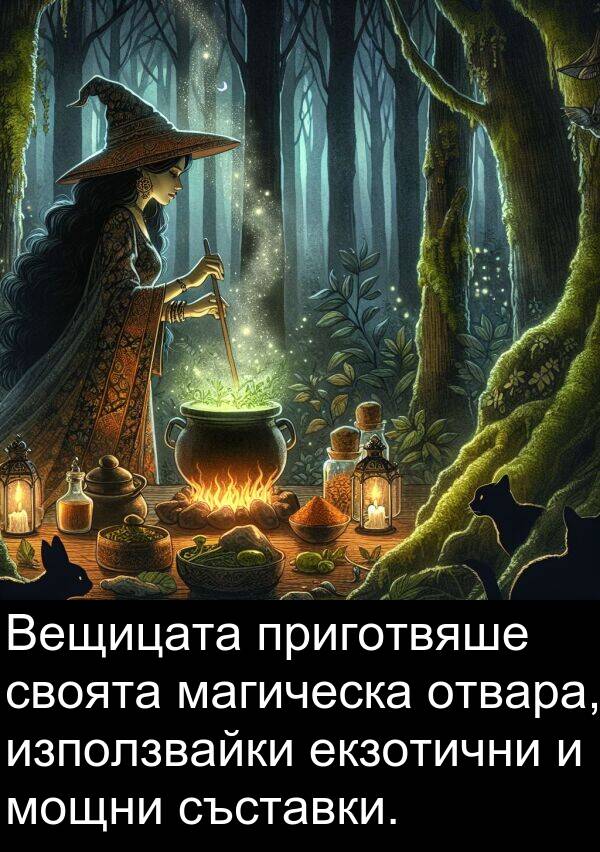 екзотични: Вещицата приготвяше своята магическа отвара, използвайки екзотични и мощни съставки.