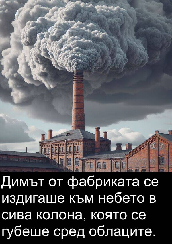 облаците: Димът от фабриката се издигаше към небето в сива колона, която се губеше сред облаците.