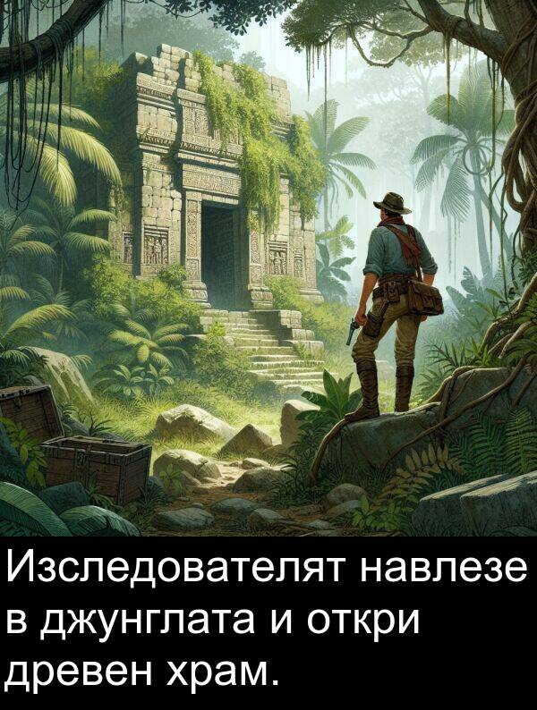 откри: Изследователят навлезе в джунглата и откри древен храм.