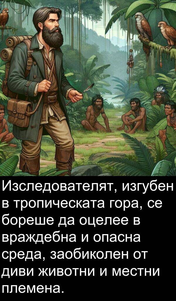 опасна: Изследователят, изгубен в тропическата гора, се бореше да оцелее в враждебна и опасна среда, заобиколен от диви животни и местни племена.