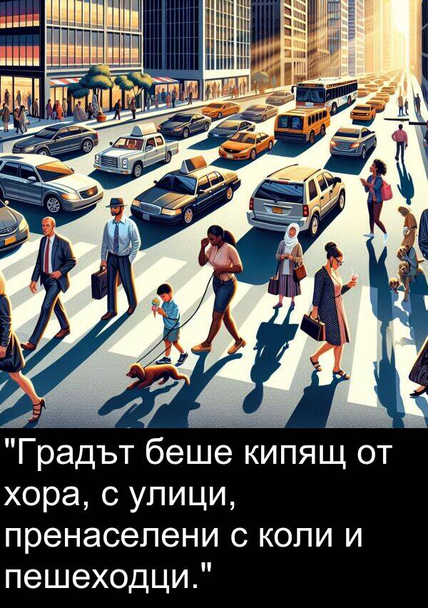 улици: "Градът беше кипящ от хора, с улици, пренаселени с коли и пешеходци."