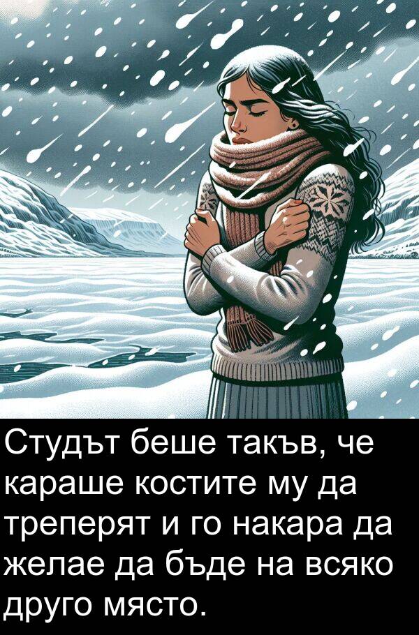 друго: Студът беше такъв, че караше костите му да треперят и го накара да желае да бъде на всяко друго място.