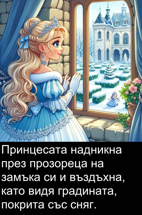 надникна: Принцесата надникна през прозореца на замъка си и въздъхна, като видя градината, покрита със сняг.