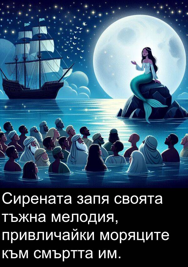 запя: Сирената запя своята тъжна мелодия, привличайки моряците към смъртта им.