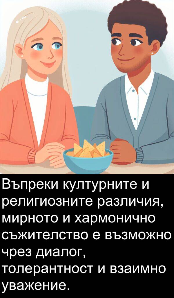 религиозните: Въпреки културните и религиозните различия, мирното и хармонично съжителство е възможно чрез диалог, толерантност и взаимно уважение.