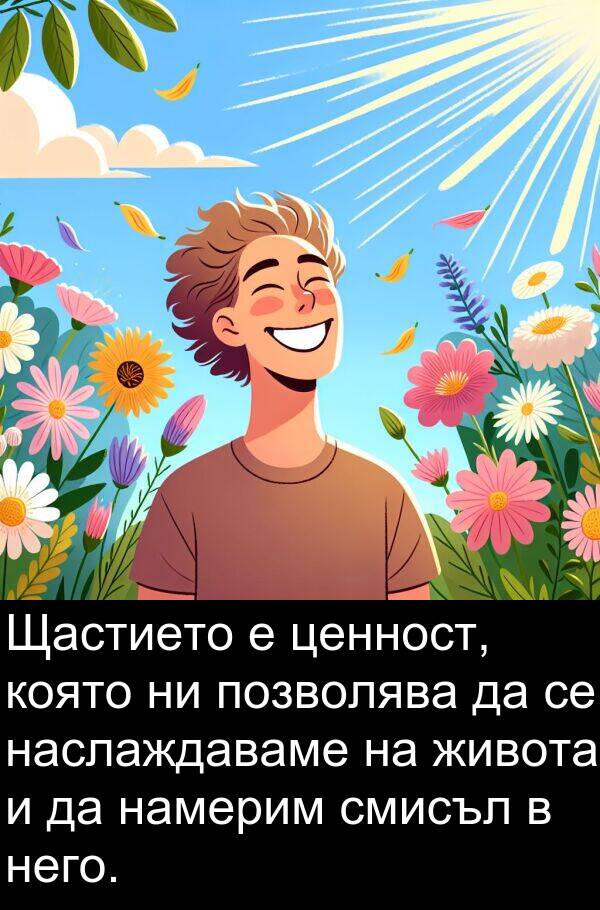 смисъл: Щастието е ценност, която ни позволява да се наслаждаваме на живота и да намерим смисъл в него.