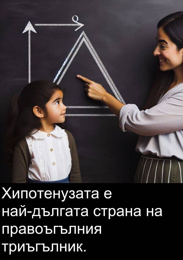 правоъгълния: Хипотенузата е най-дългата страна на правоъгълния триъгълник.