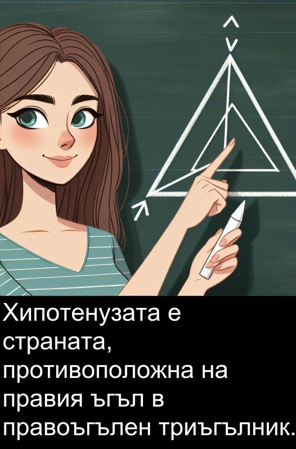 страната: Хипотенузата е страната, противоположна на правия ъгъл в правоъгълен триъгълник.