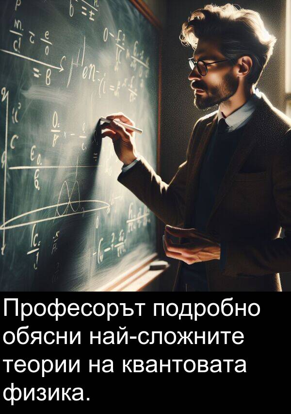 физика: Професорът подробно обясни най-сложните теории на квантовата физика.