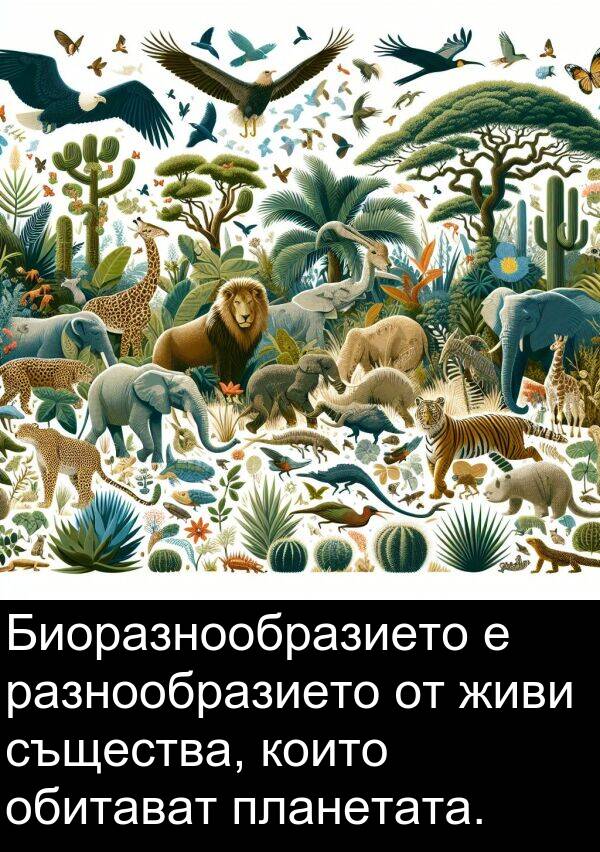 обитават: Биоразнообразието е разнообразието от живи същества, които обитават планетата.