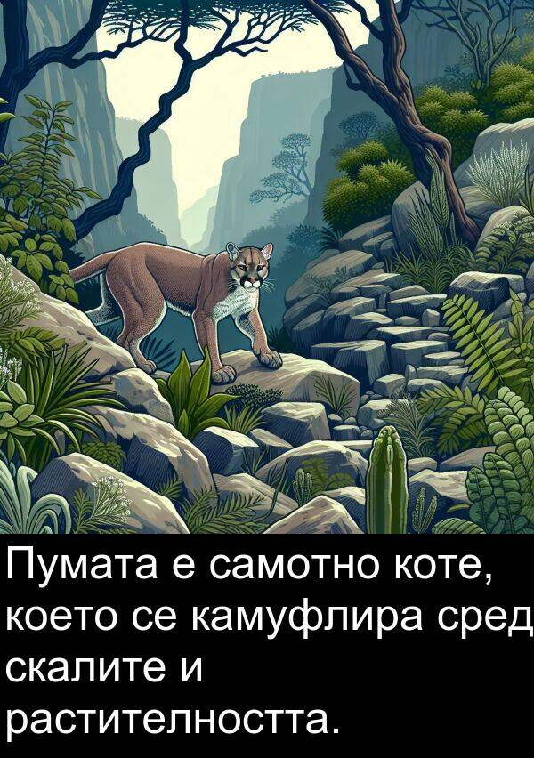 самотно: Пумата е самотно коте, което се камуфлира сред скалите и растителността.
