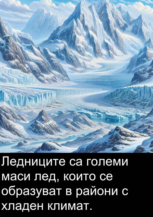 маси: Ледниците са големи маси лед, които се образуват в райони с хладен климат.