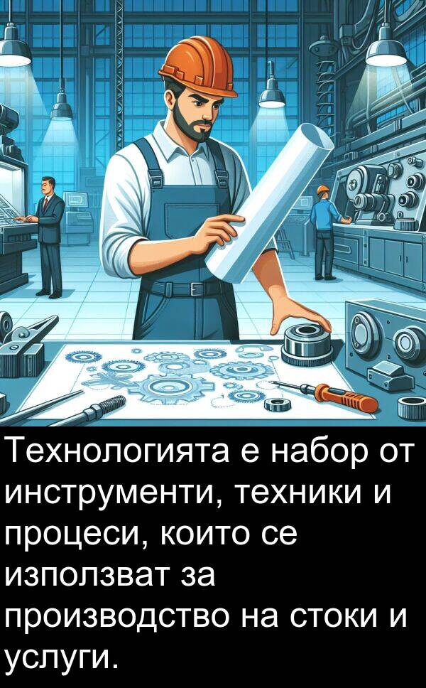 набор: Технологията е набор от инструменти, техники и процеси, които се използват за производство на стоки и услуги.
