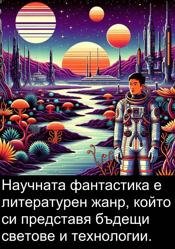 фантастика: Научната фантастика е литературен жанр, който си представя бъдещи светове и технологии.