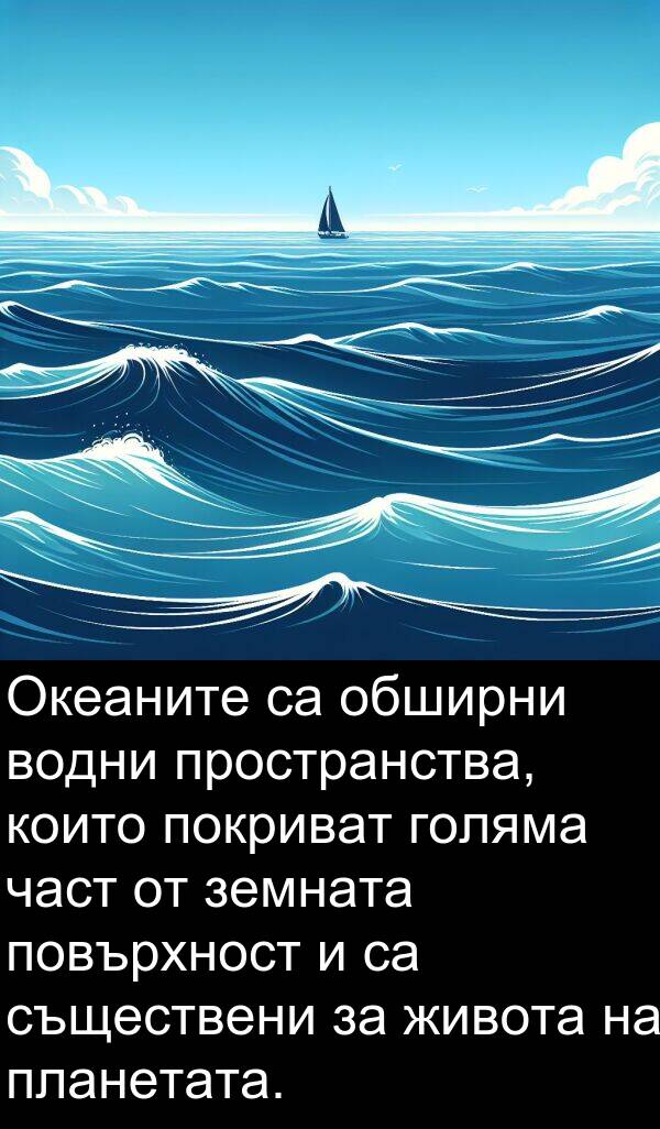 част: Океаните са обширни водни пространства, които покриват голяма част от земната повърхност и са съществени за живота на планетата.