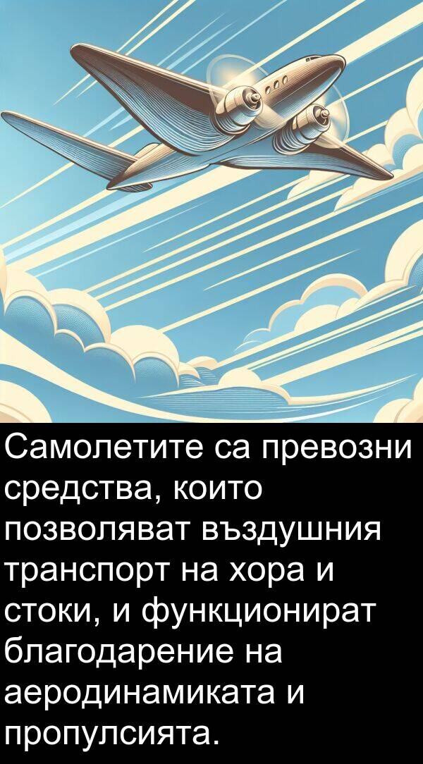 транспорт: Самолетите са превозни средства, които позволяват въздушния транспорт на хора и стоки, и функционират благодарение на аеродинамиката и пропулсията.