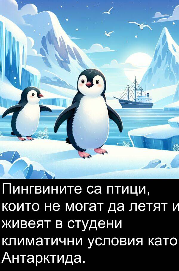 птици: Пингвините са птици, които не могат да летят и живеят в студени климатични условия като Антарктида.